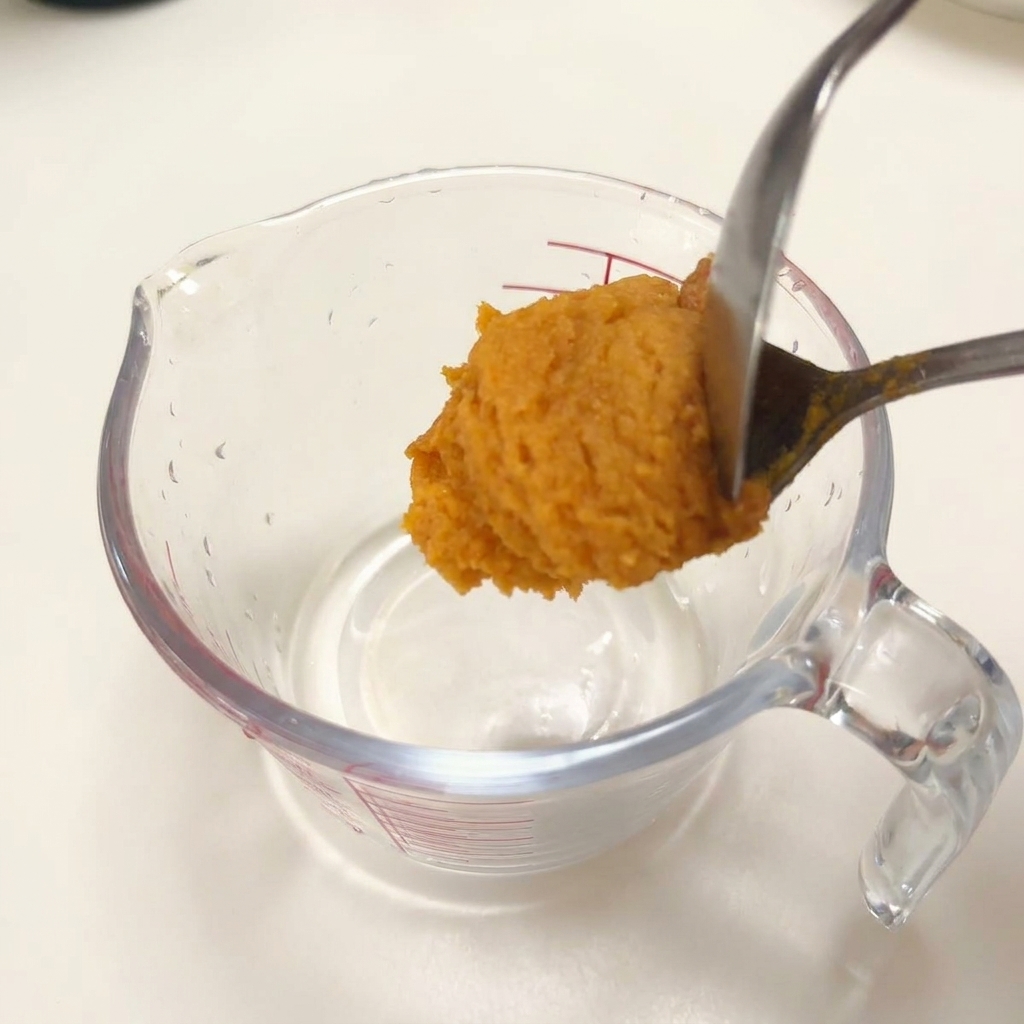 Un cucchiaio di metallo versa la pasta di miso in un misurino di vetro con i condimenti liquidi.