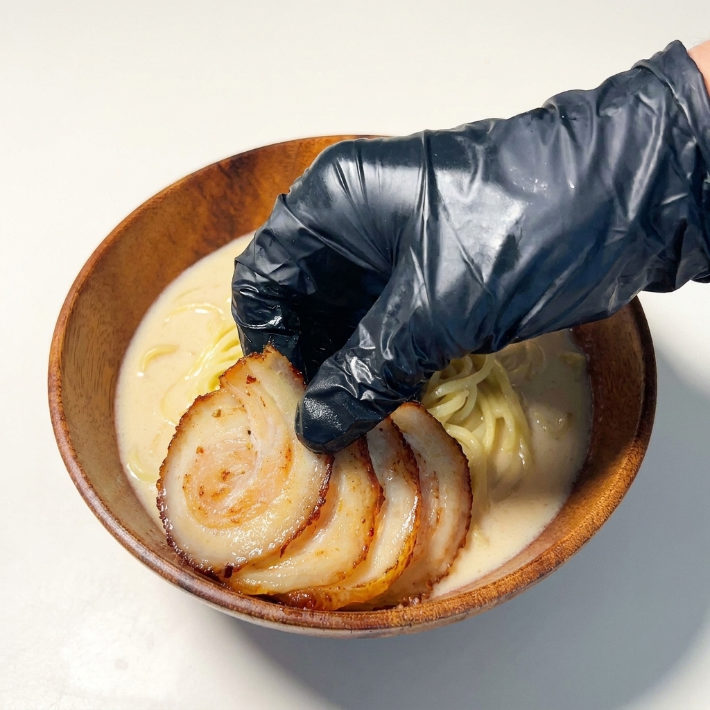 Fette di pancia di maiale chashu sistemate sopra i noodle nel ramen.