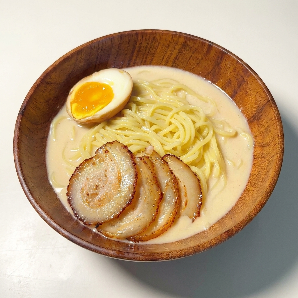 Ciotola di ramen con chashu e metà di un uovo barzotto dal tuorlo cremoso.