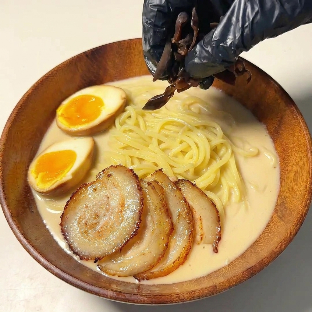 Una mano che aggiunge funghi orecchia di Giuda a listarelle nella ciotola di ramen.