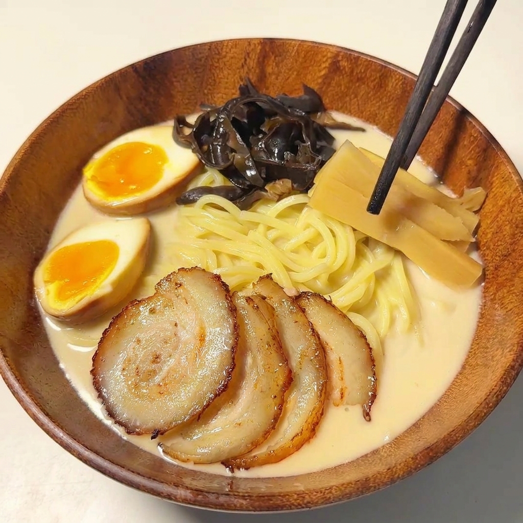 Bacchette che posizionano germogli di bambù sulla superficie del ramen.