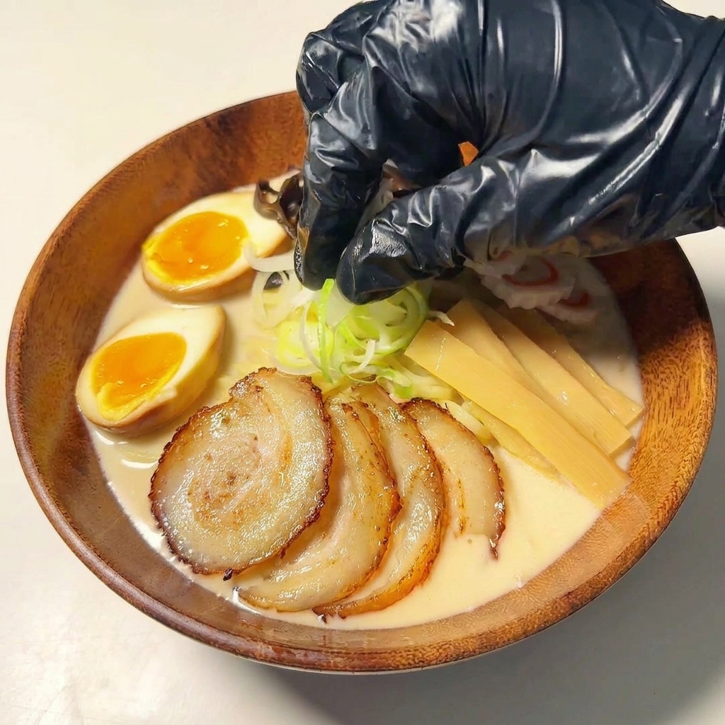 Cipollotto fresco tritato spolverato sopra il ramen finito.