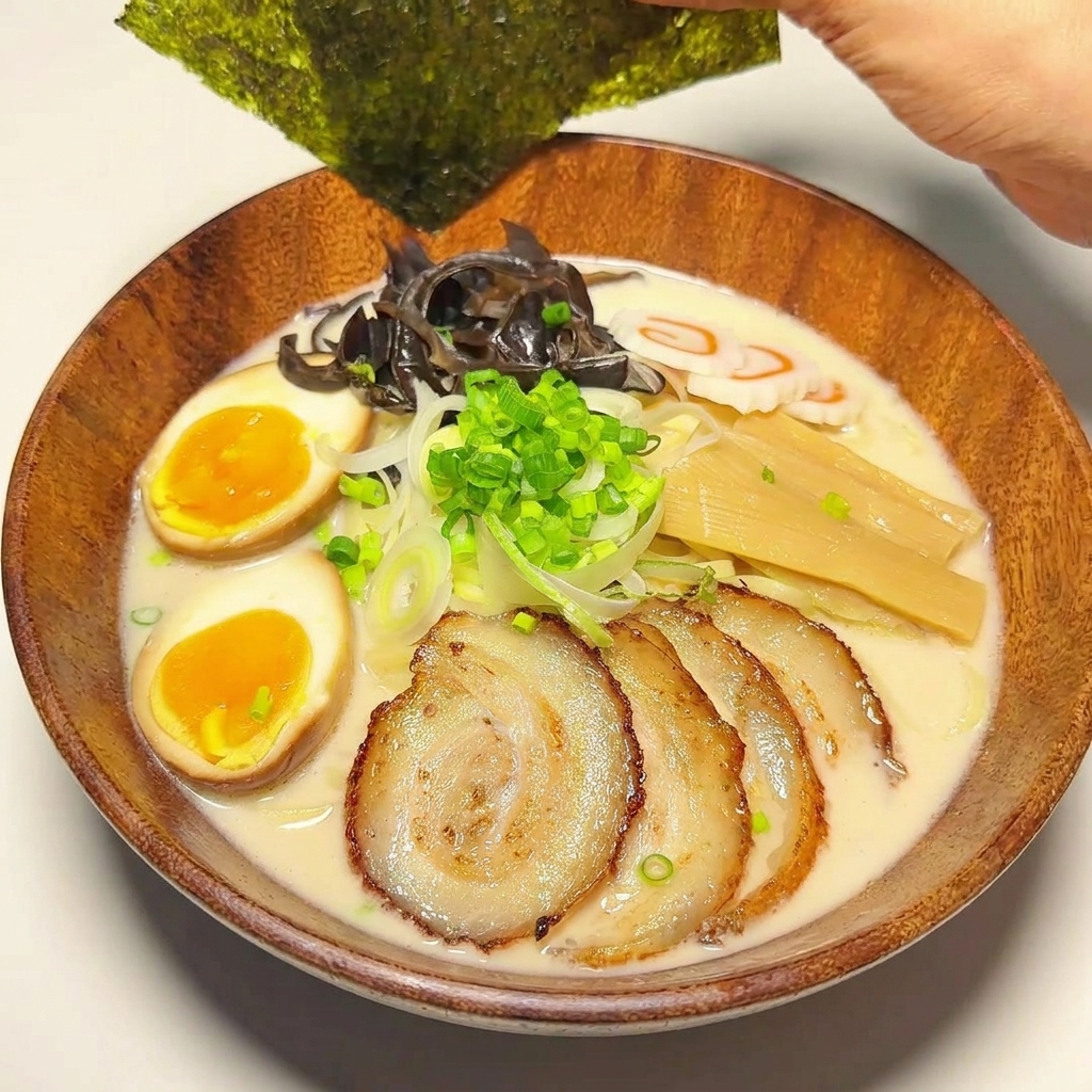 Fogli di alga nori infilati nel bordo della ciotola di ramen.