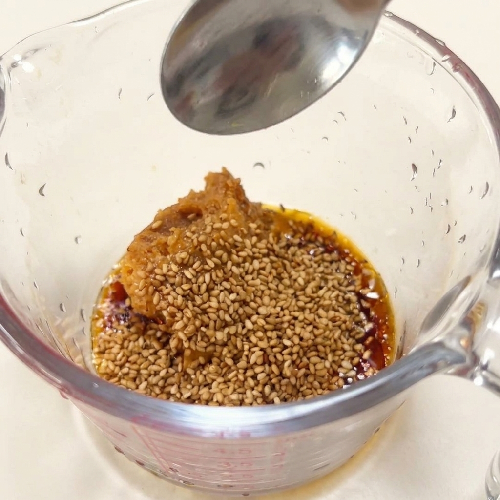 Un misurino di vetro contenente pasta di miso, semi di sesamo e un cucchiaio che mescola.