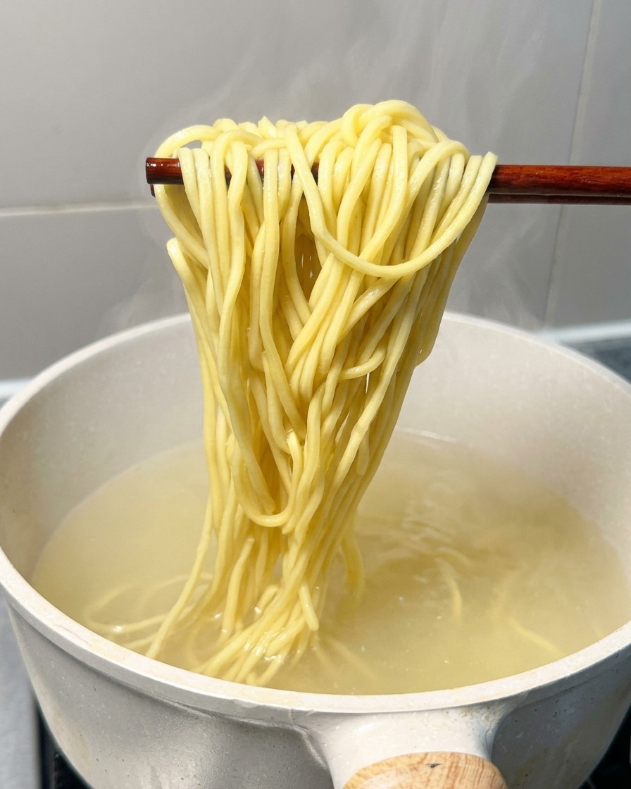 Noodle gialli cotti sollevati da una pentola dacqua bollente con bacchette di legno.