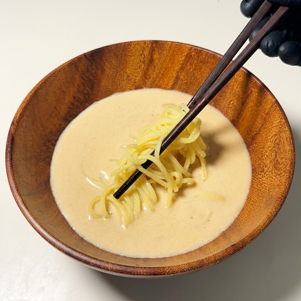 Bacchette di legno che immergono i noodle nel brodo cremoso.