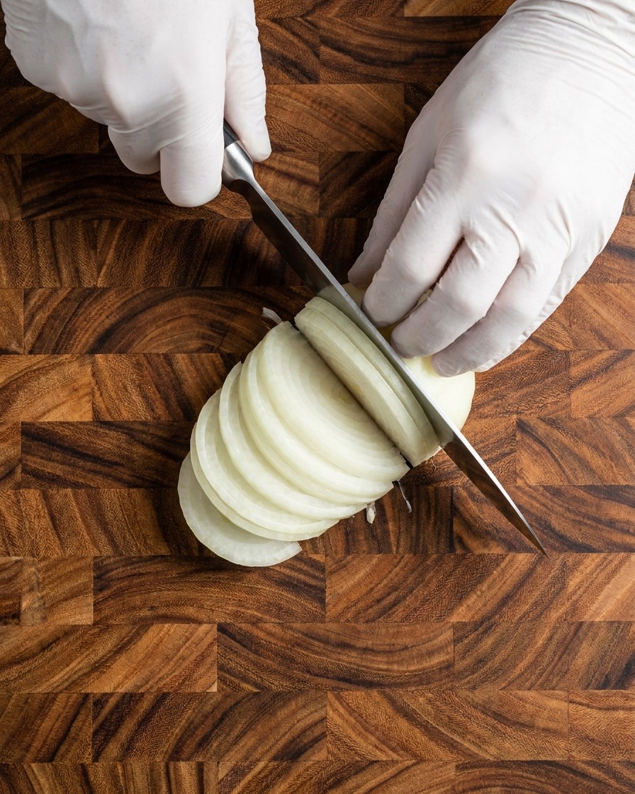 Mani che usano un coltello da chef per affettare sottilmente una cipolla bianca su un tagliere di legno.