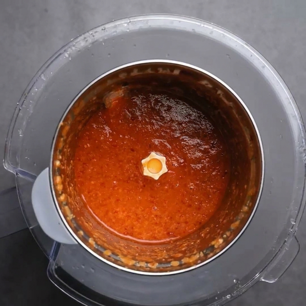 Pasta di peperoncino rosso intenso e completamente liscia allinterno di un frullatore.