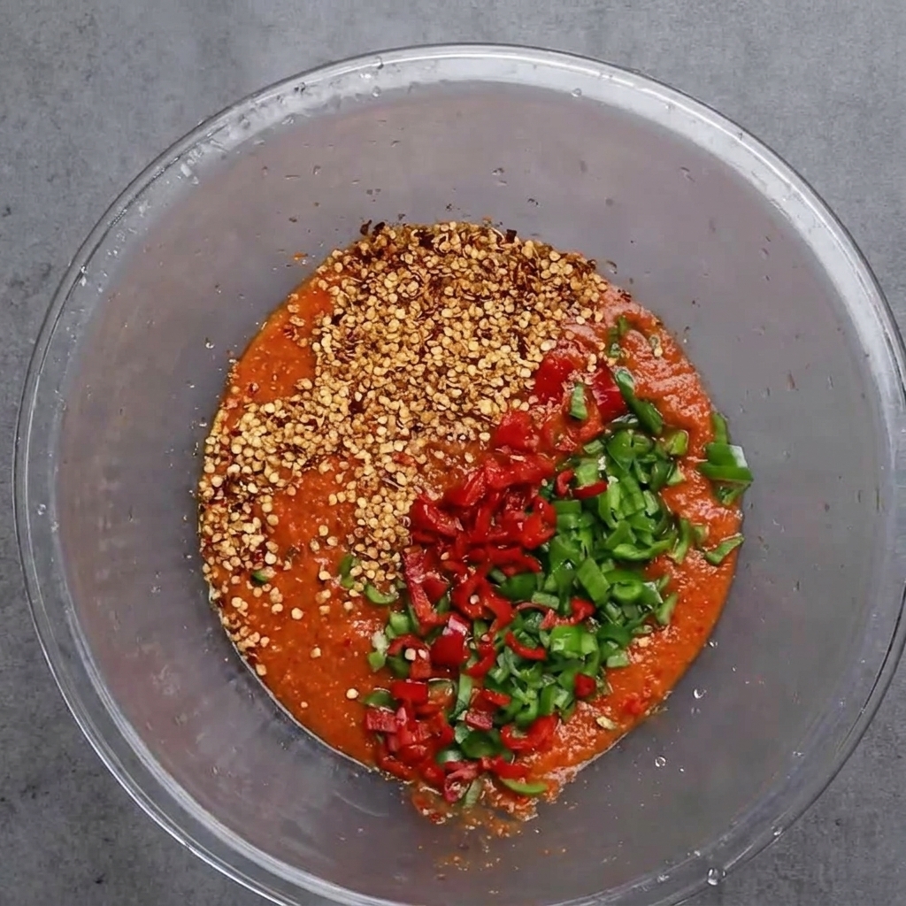 Una ciotola di vetro con pasta di peperoncino rossa condita con peperoncini freschi e semi.