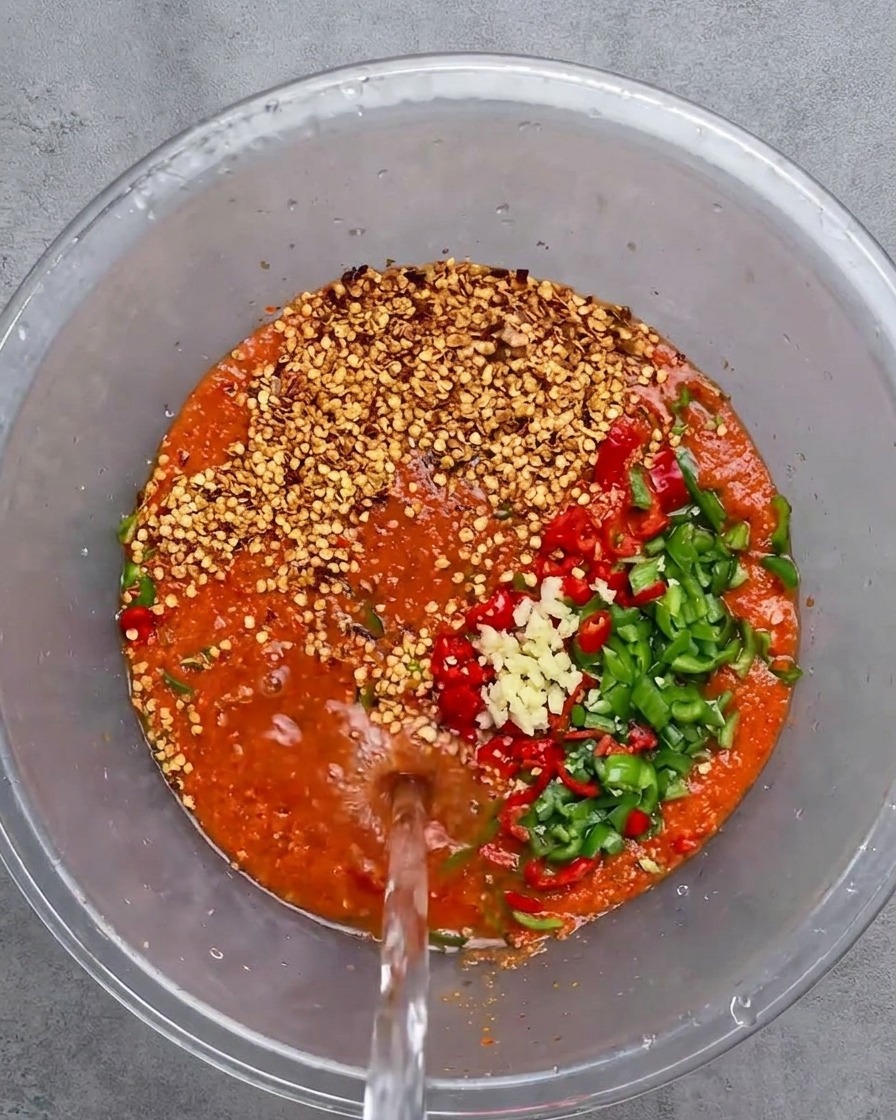 Versamento di acqua limpida in una ciotola di vetro contenente pasta di peperoncino, aglio e semi.