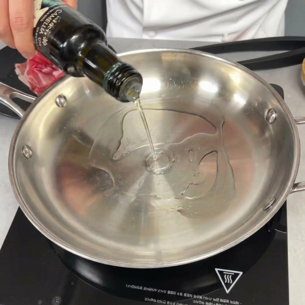 Una bottiglia che versa un filo di olio di semi in una padella di acciaio inossidabile vuota.