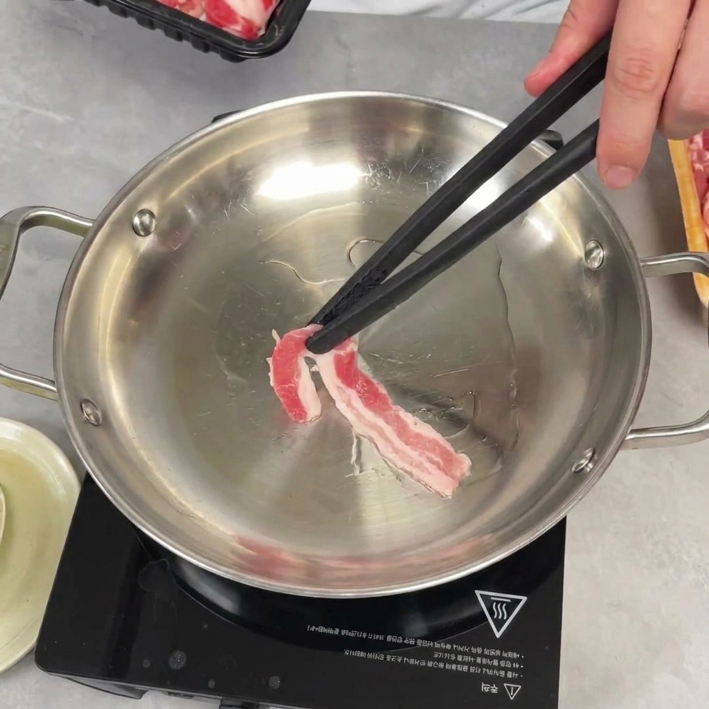 Bacchette che adagiano fette di pancetta cruda in una padella leggermente oliata.