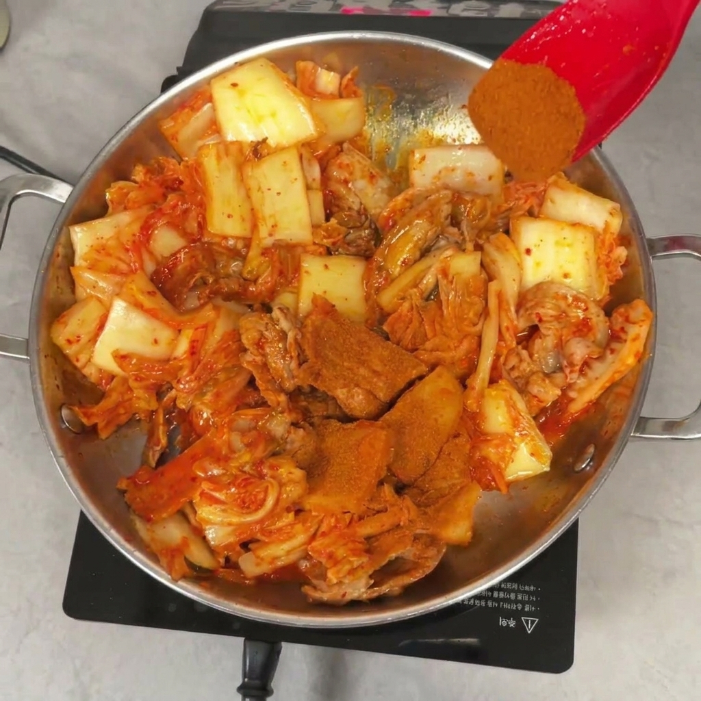 Spatola rossa che versa polvere di peperoncino fine sopra il mix di carne e kimchi traslucido.