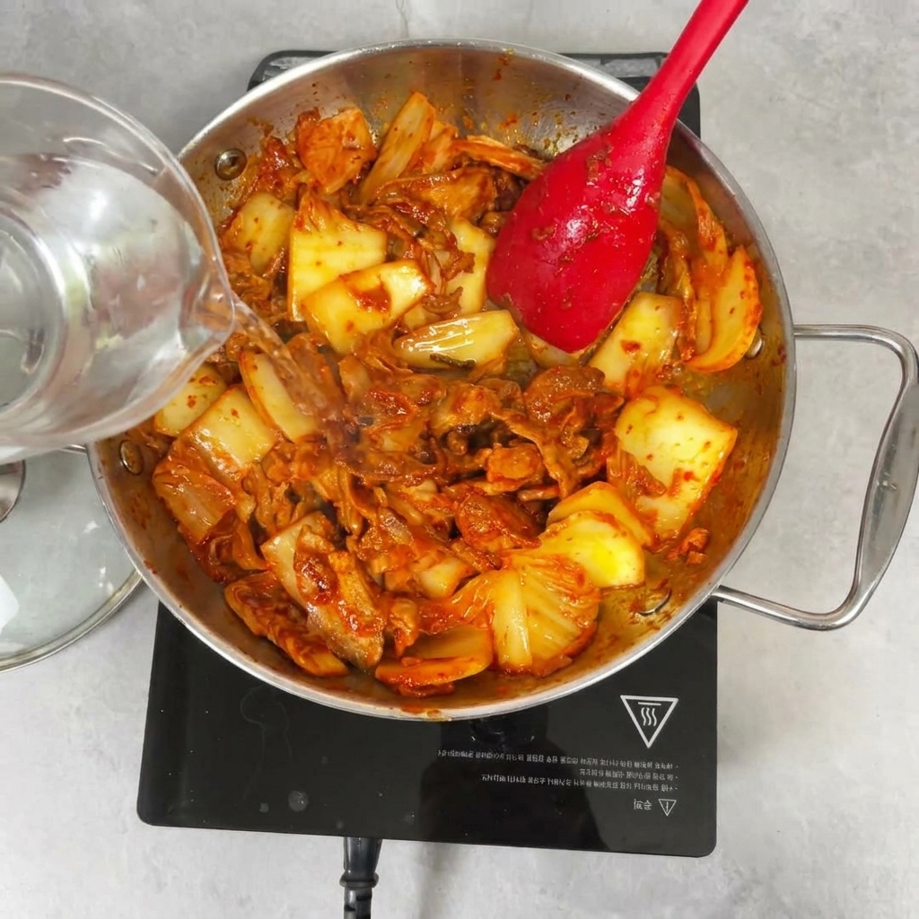 Acqua limpida versata da un misurino in vetro in una padella con kimchi e pancetta saltati.