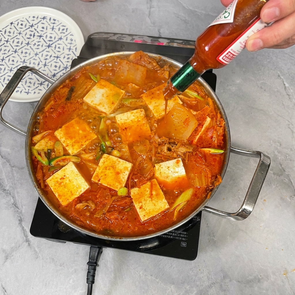 Salsa piccante versata da una boccetta direttamente in una pentola di stufato con tofu.