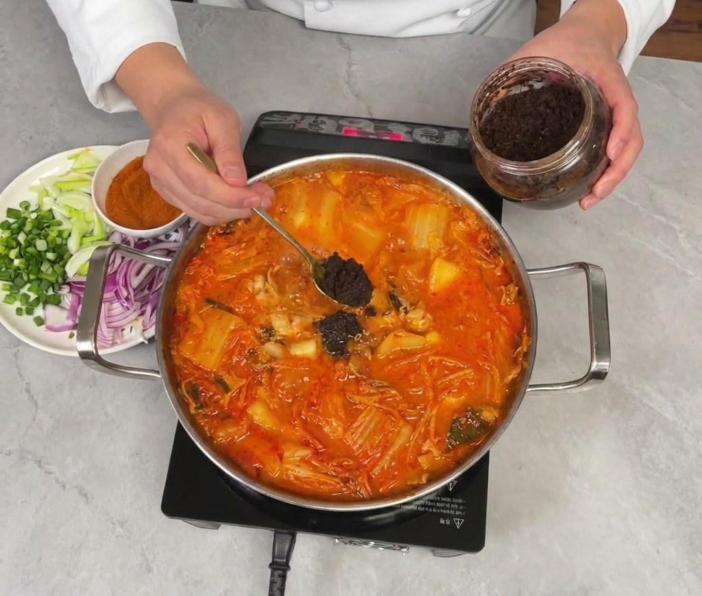 Aggiunta di un cucchiaio di pasta di soia marrone scuro in uno stufato di kimchi coreano che sobbolle.