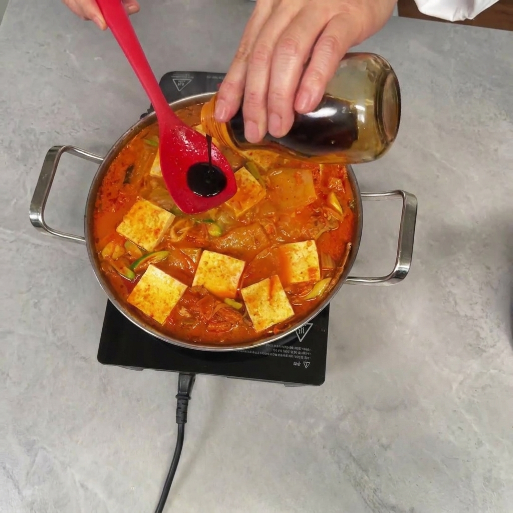 Salsa di soia versata da una bottiglia su una spatola sopra una pentola di stufato con tofu.