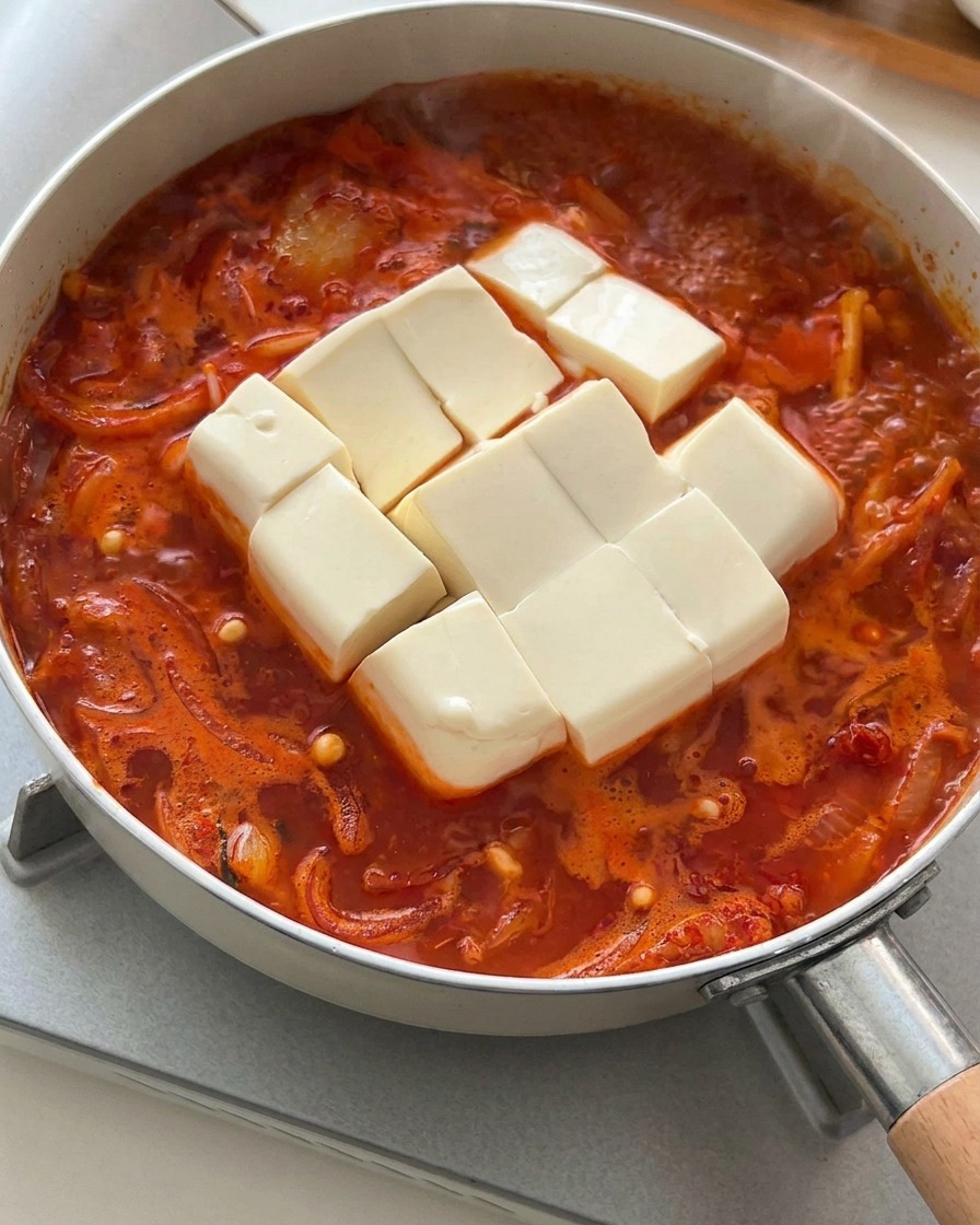 Un panetto di tofu bianco tagliato a cubetti adagiato nello stufato di kimchi.