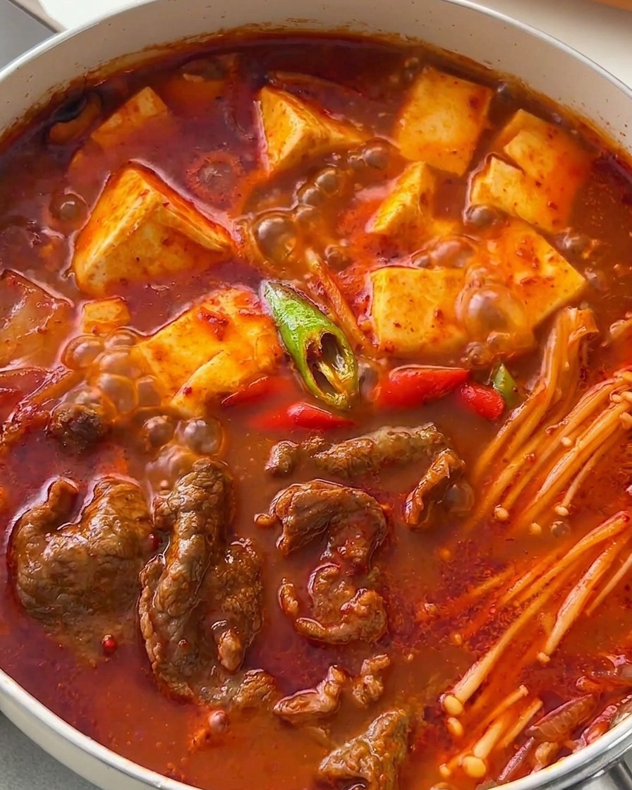 Una padella di stufato coreano fumante guarnita con rondelle di peperoncino verde e rosso.