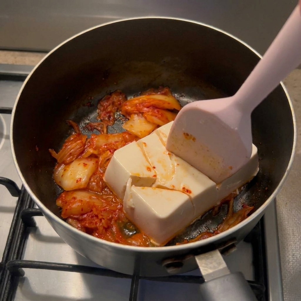 Una spatola rosa preme su un blocco di tofu bianco, tagliandolo in grossi pezzi sopra un letto di kimchi rosso.