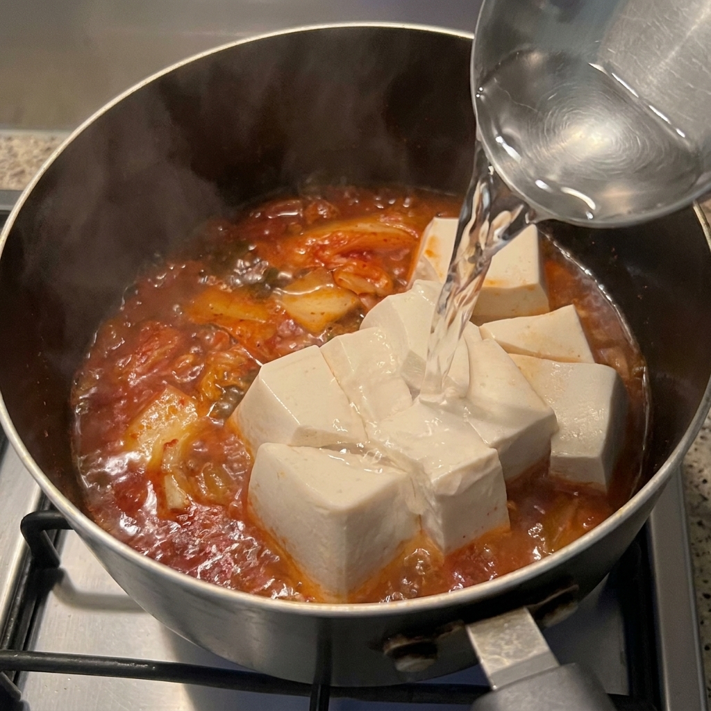 Acqua calda versata da un mestolo di metallo su pezzi di tofu e kimchi in una pentola.