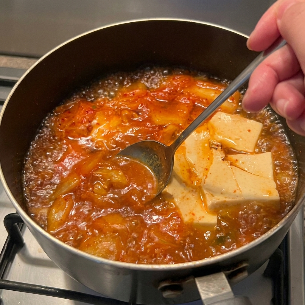 Un cucchiaio di metallo mescola la pasta di peperoncino rossa in una pentola fumante di brodo, kimchi e tofu.