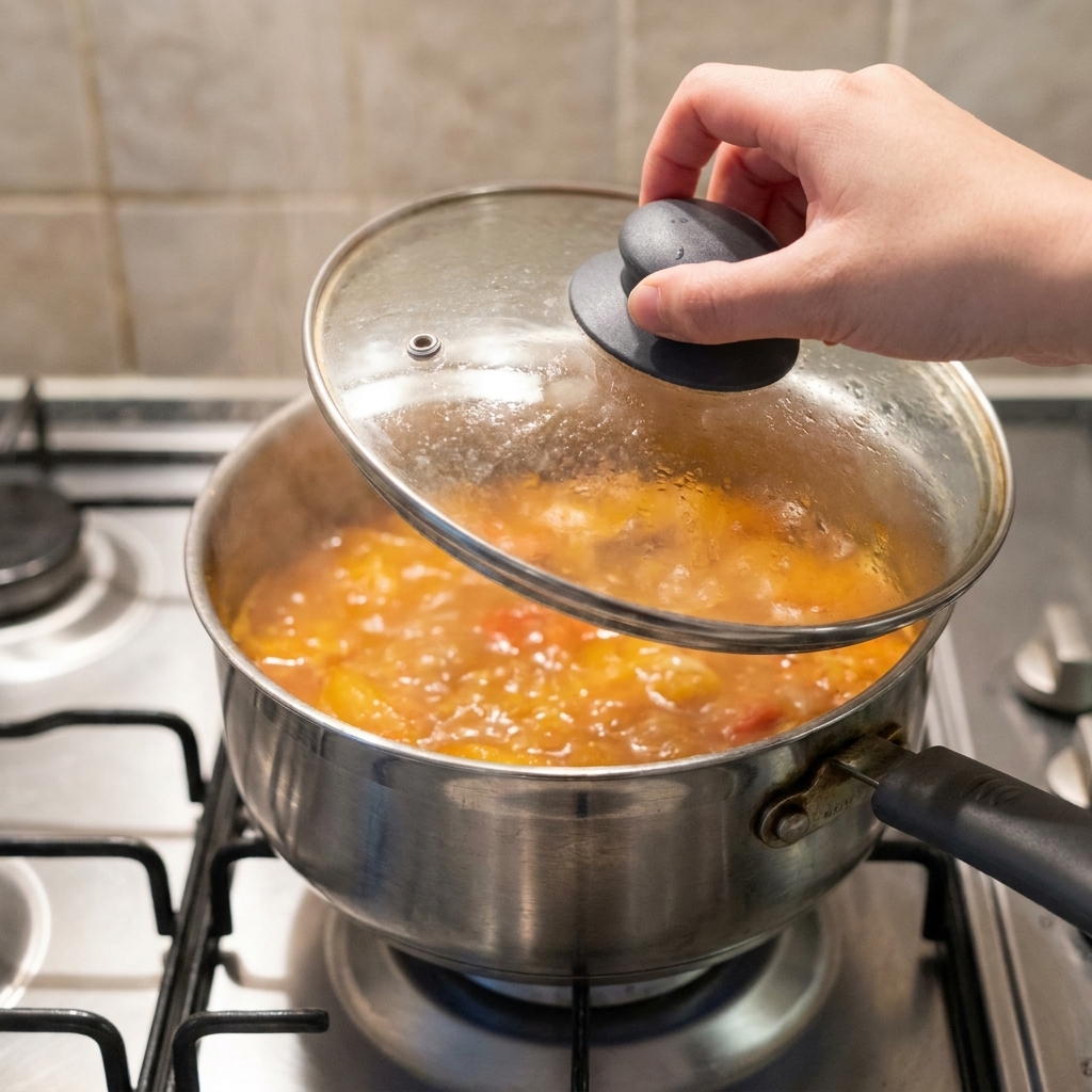 Una persona solleva un coperchio di vetro da una pentola, rivelando una zuppa di kimchi rosso-arancio fumante.