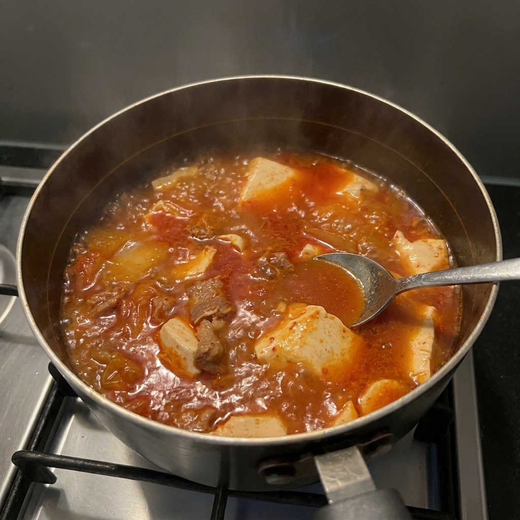 Un cucchiaio pesca in una pentola pronta di zuppa di kimchi con pezzi visibili di manzo e tofu bianco.