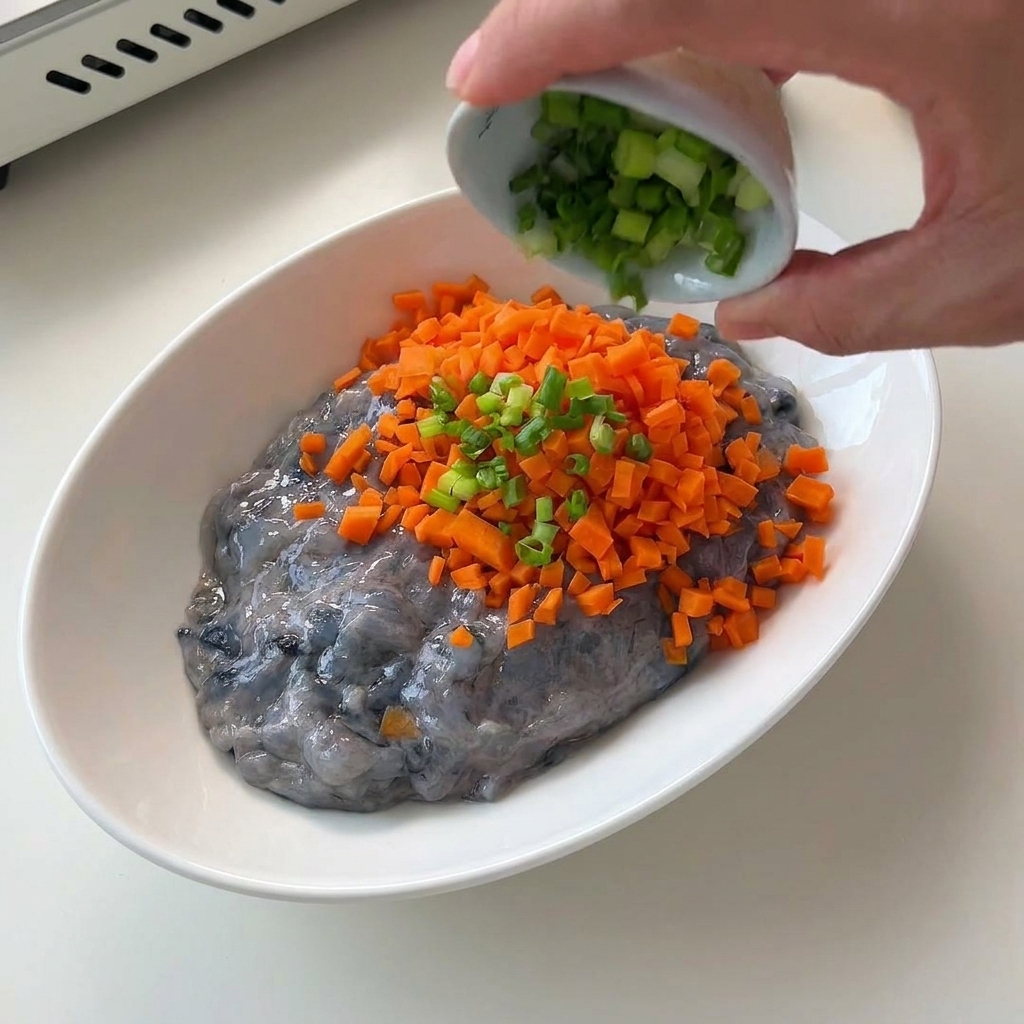 Carote arancioni tritate finemente aggiunte a una ciotola con pasta di gamberi cruda.