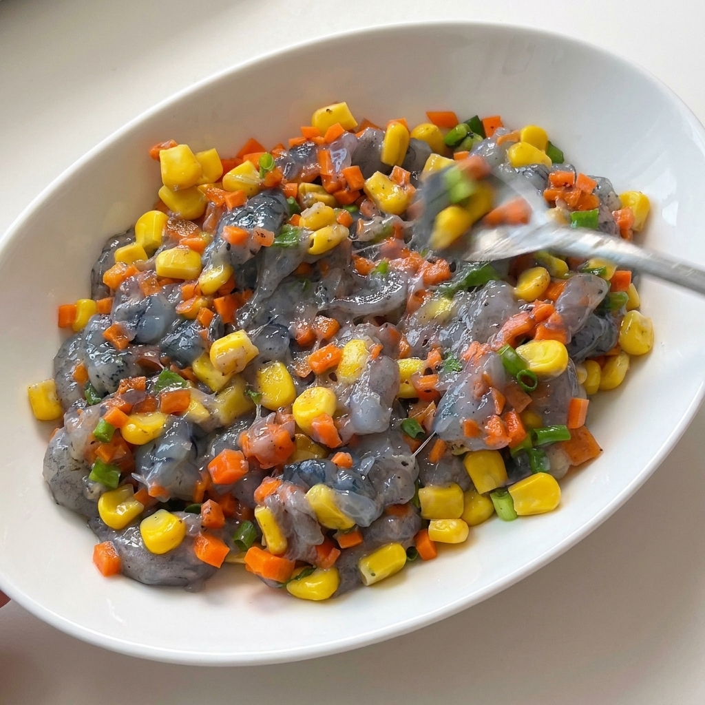 Un cucchiaio mescola accuratamente la pasta di gamberi colorata con verdure in una ciotola bianca.