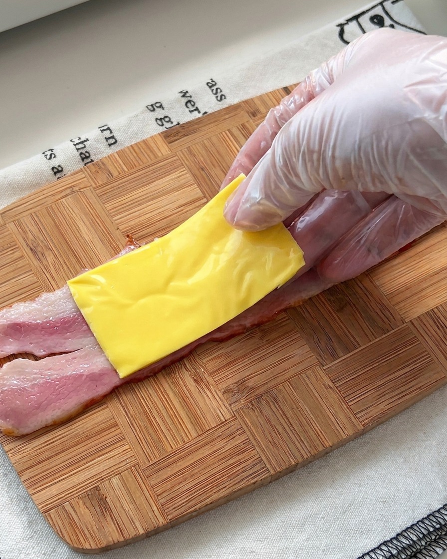 Una mano posiziona una fetta di formaggio giallo sopra una striscia di bacon crudo su un tagliere.