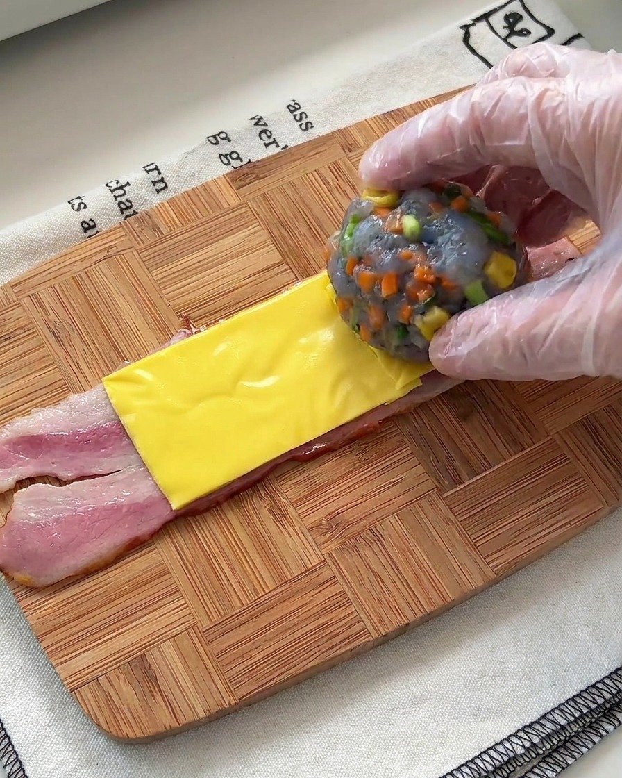 Una mano aggiunge una pallina di farcia ai gamberi e verdure sopra la fetta di bacon e formaggio.