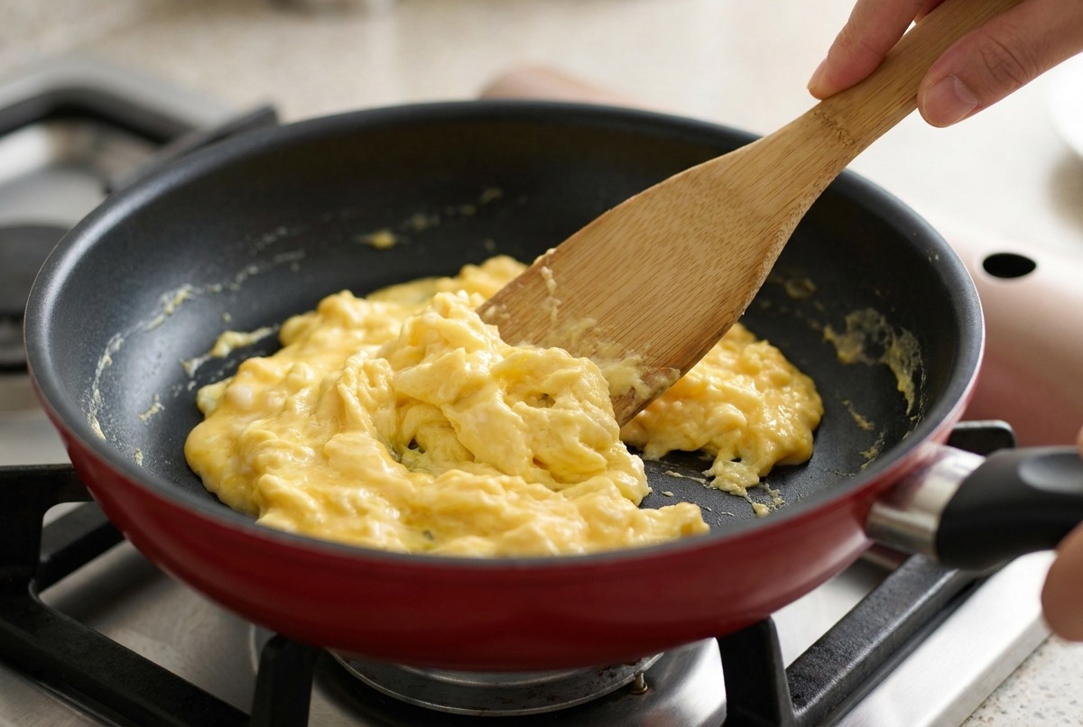 Una spatola di legno che muove le uova strapazzate parzialmente cotte in una padella antiaderente.