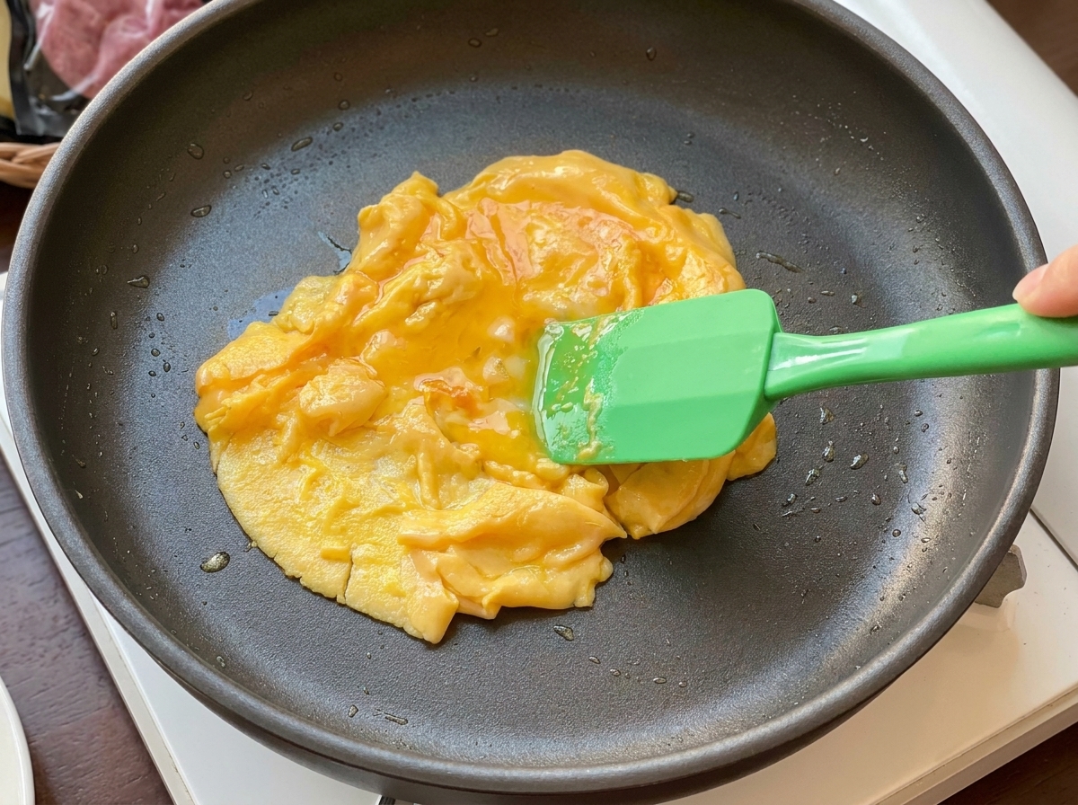 Una spatola che solleva uova strapazzate tenere da una padella antiaderente.