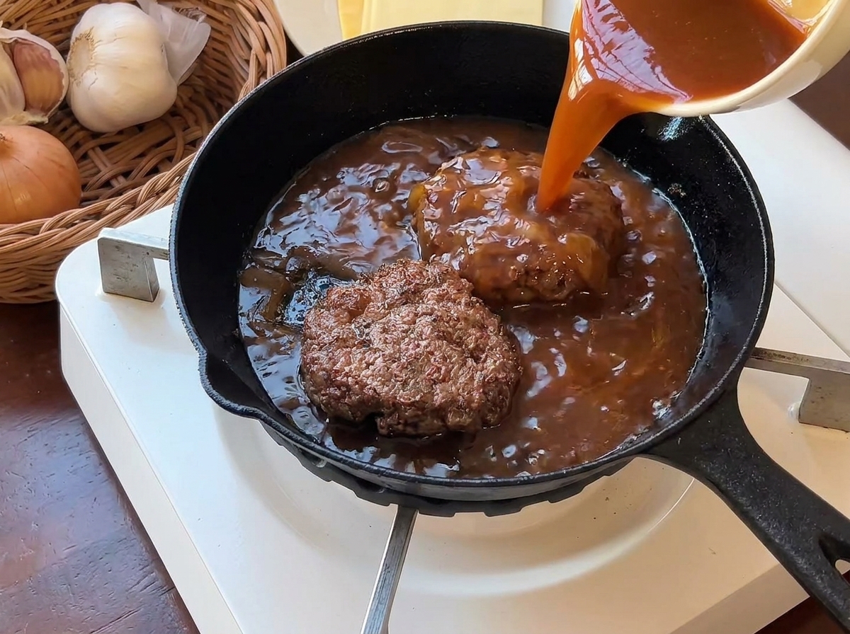 Salsa densa marrone versata sugli hamburger rosolati in una padella nera.