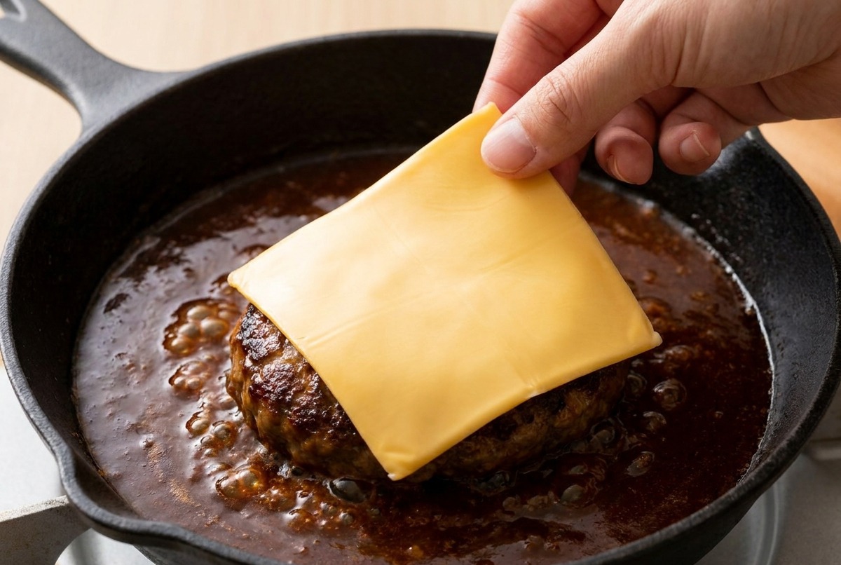 Una mano che mette una fetta di formaggio su un hamburger che sobbolle in una salsa ricca.