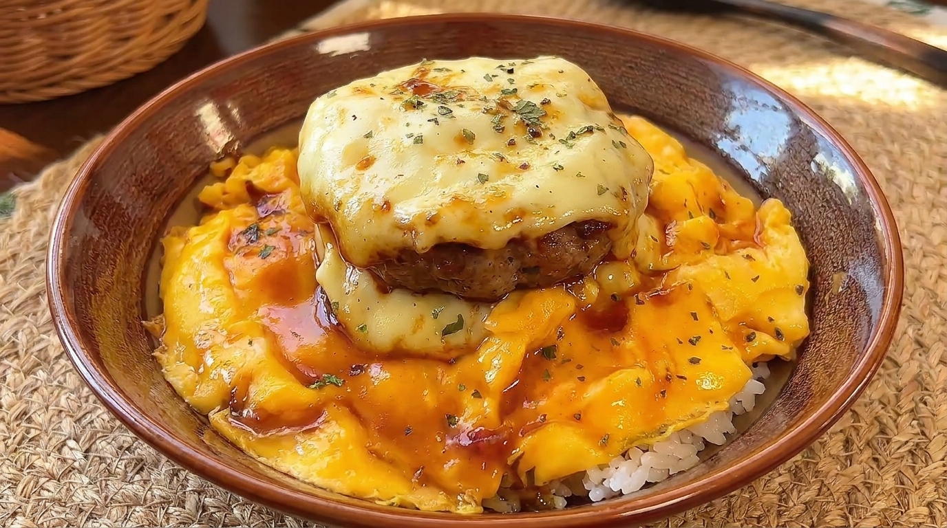 Amburgo Giapponese al Formaggio con Uova Cremose e Riso