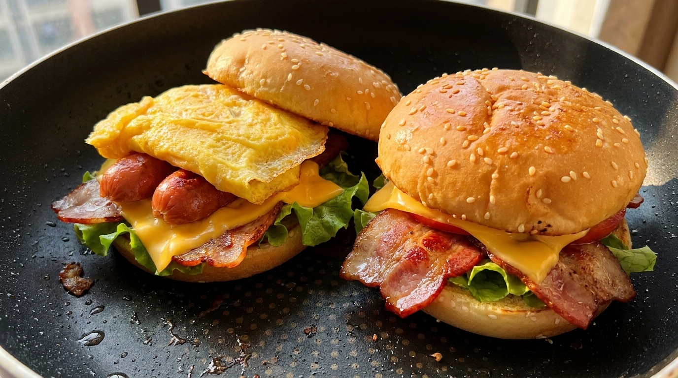 Breakfast Burger Fatto in Casa con Bacon, Uova e Salsiccia