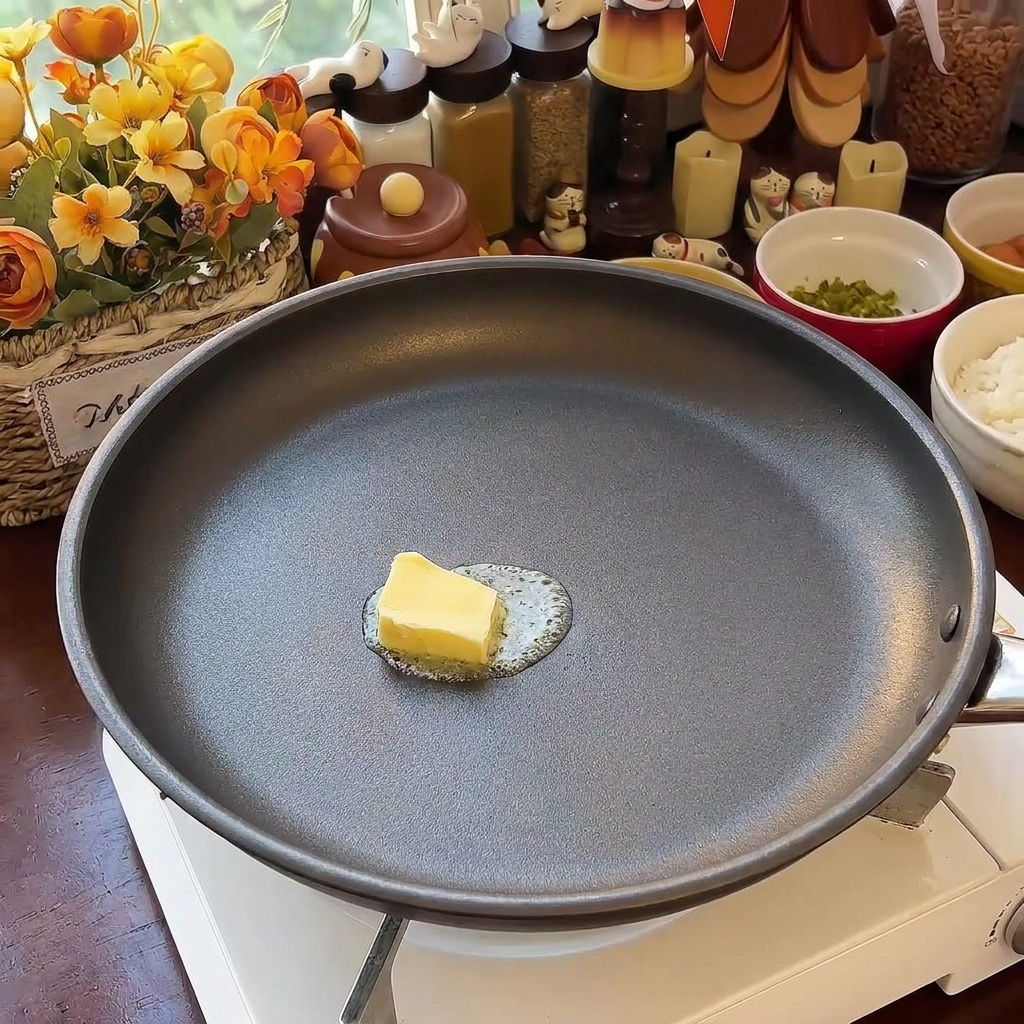 Un quadratino di burro giallo che si scioglie sfrigolando al centro di una padella grigio scuro.