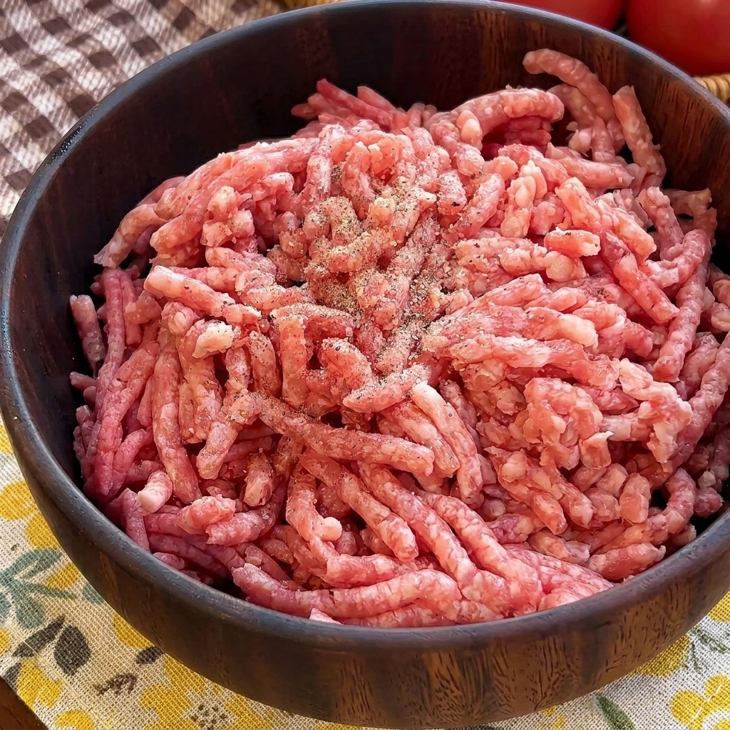 Pepe nero macinato fresco e sale sopra un mucchietto di carne di manzo cruda in una ciotola di legno.