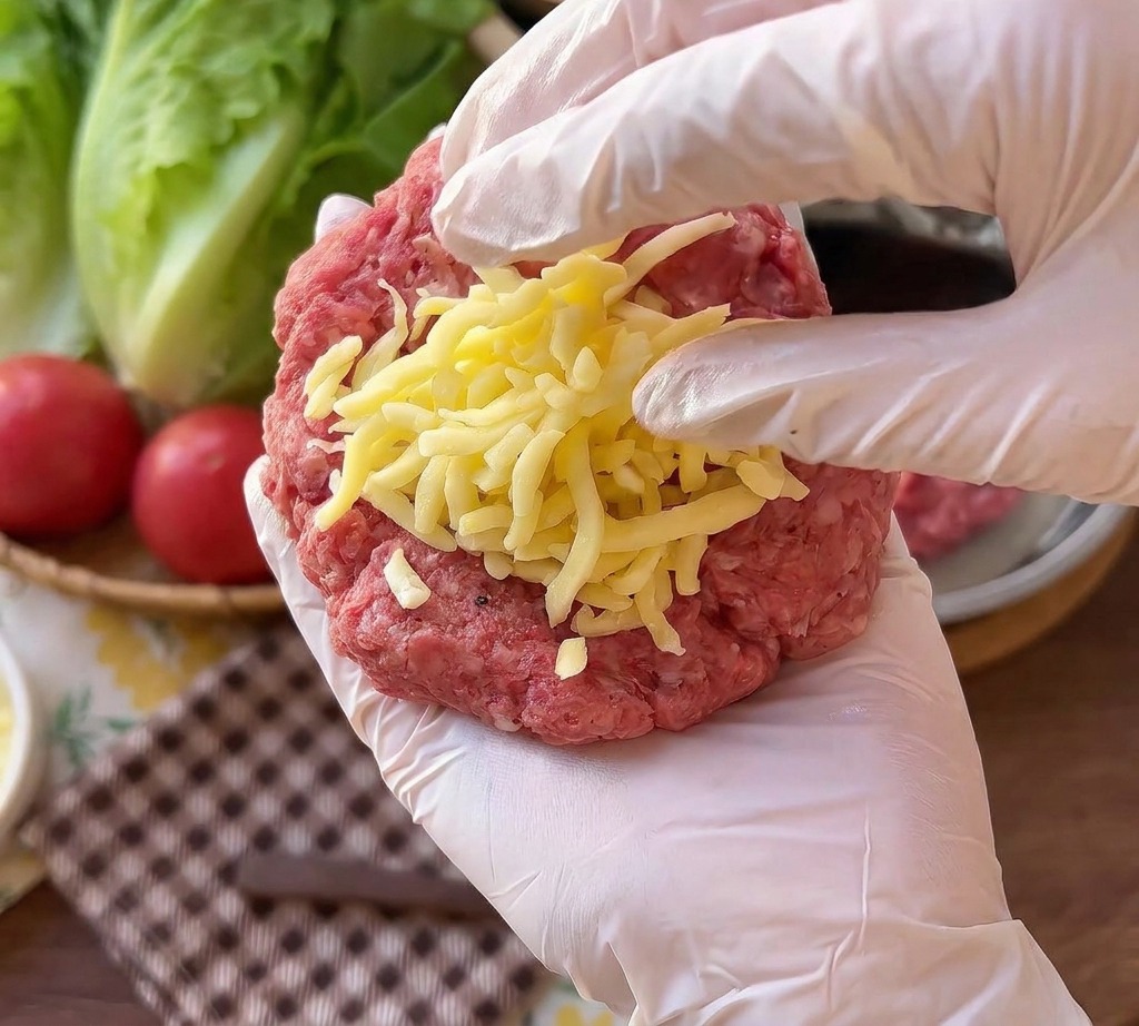 Una mano con un guanto che tiene un hamburger di manzo crudo sormontato da un mucchietto di mozzarella bianca grattugiata.