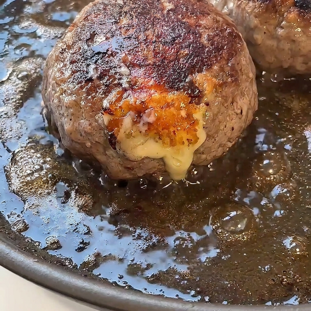 Un primo piano ravvicinato di un hamburger ben rosolato che sfrigola in padella con del formaggio fuso dorato che fuoriesce da un lato.