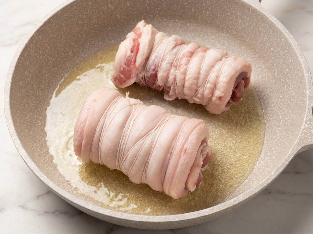 Due rotoli di pancetta che rosolano in padella con olio caldo fino a diventare dorati.