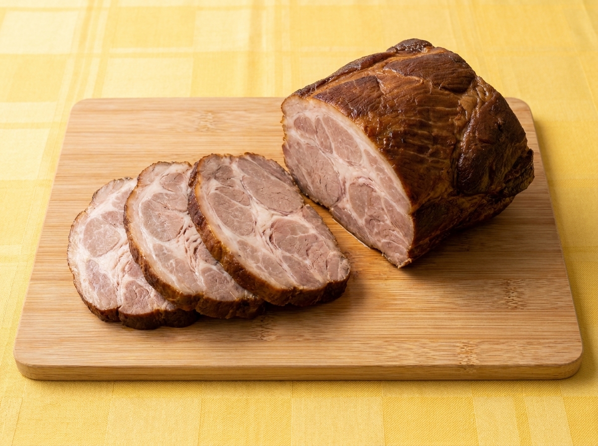 Fette tonde di pancetta brasata disposte su un tagliere di legno accanto al rotolo principale.