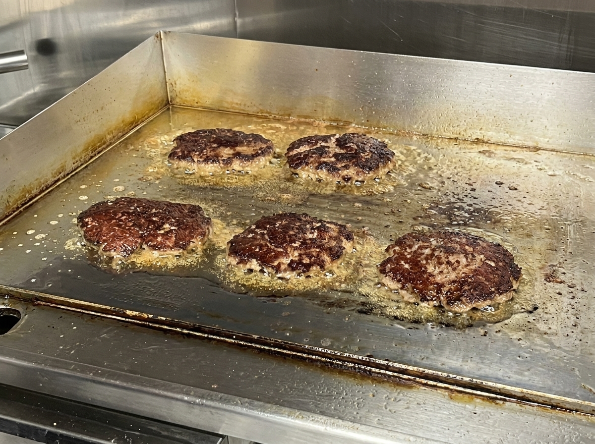 Cinque spessi hamburger di manzo che cuociono su una piastra calda in acciaio con evidente caramellizzazione e grasso fuso che sfrigola ai bordi.