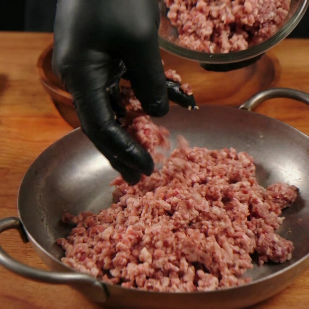 Mani con guanti neri che mescolano delicatamente carne macinata cruda in una teglia di metallo.