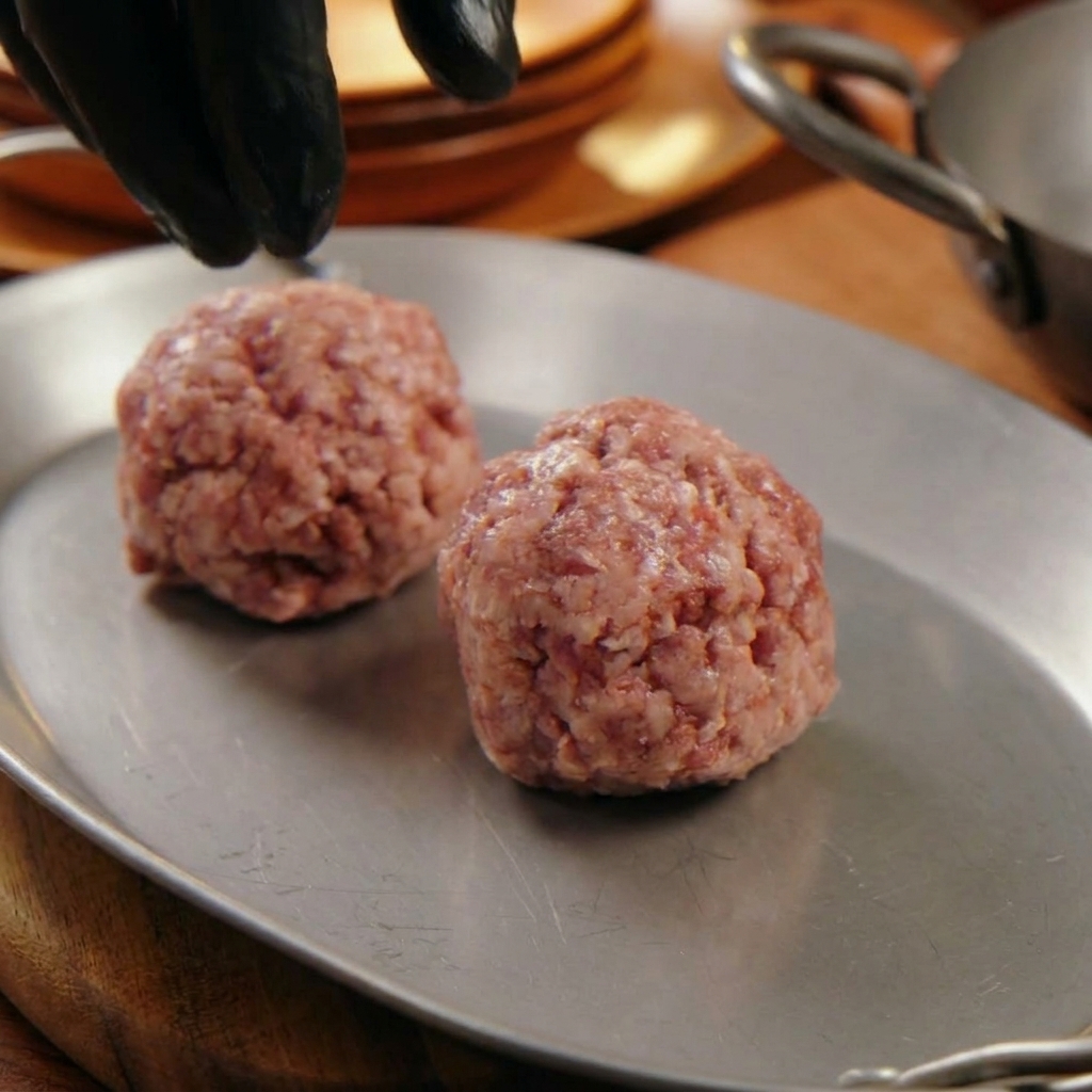 Mani con guanti neri che formano delicatamente due polpette di carne macinata cruda su un vassoio di metallo argentato.