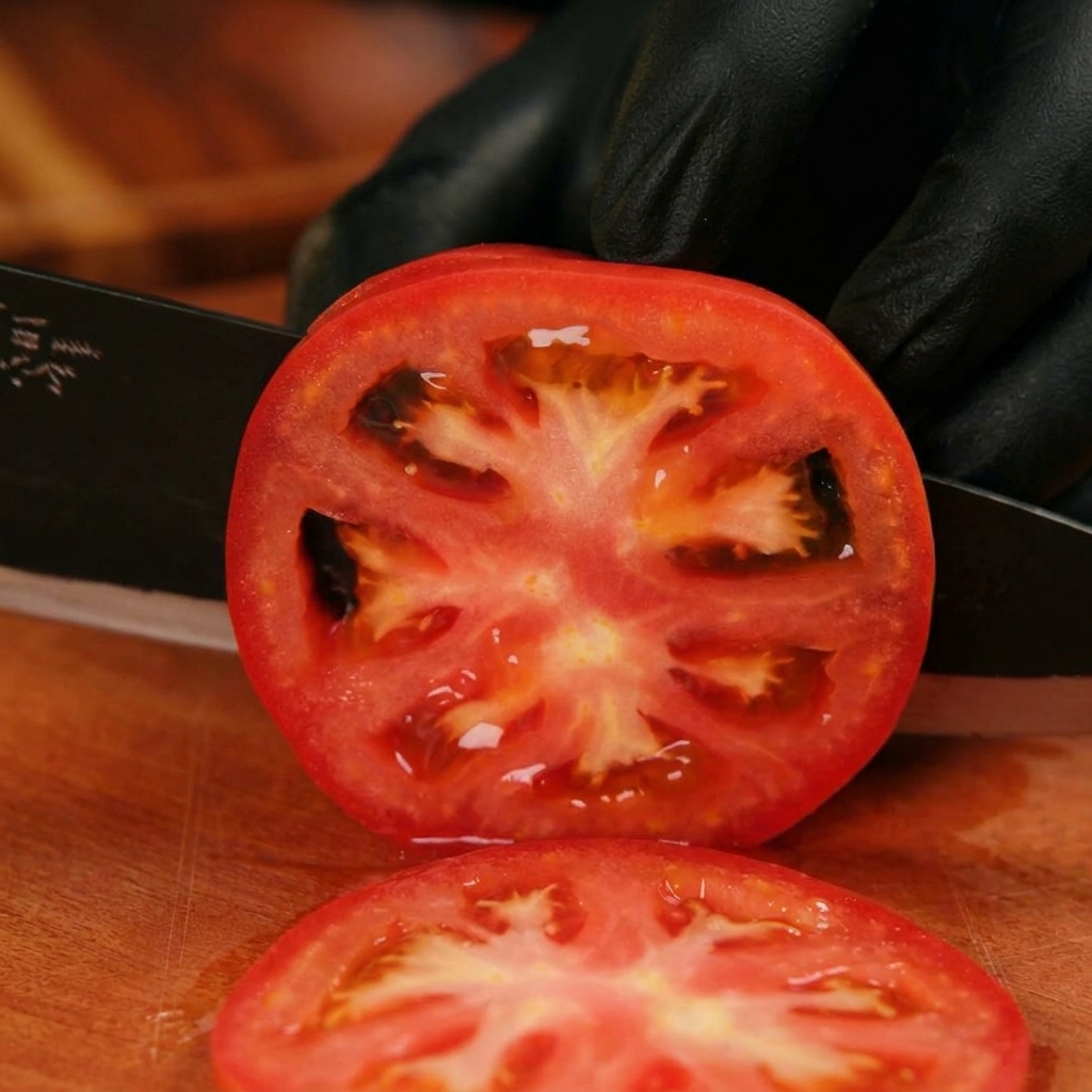 Un coltello nero affilato che taglia un pomodoro rosso maturo a fette spesse su un tagliere di legno.