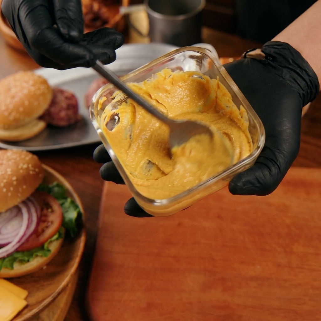 Mani con guanti neri che usano un cucchiaio per mescolare una cremosa salsa giallo-arancio per hamburger in un piccolo contenitore di vetro.