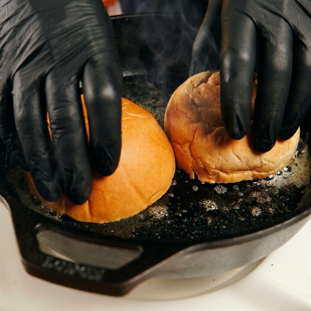 Mani con guanti neri che premono a faccia in giù le due metà di un panino per hamburger in una padella di ghisa sfrigolante con burro fuso.